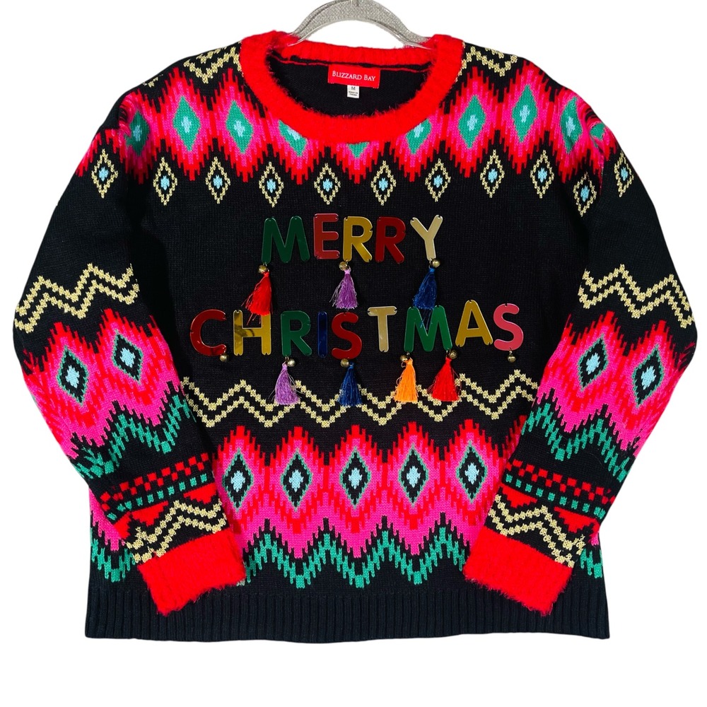 Blizzard Bay Women Merry Christmas Ugly Sweater M Black Knit Pullover Novelty